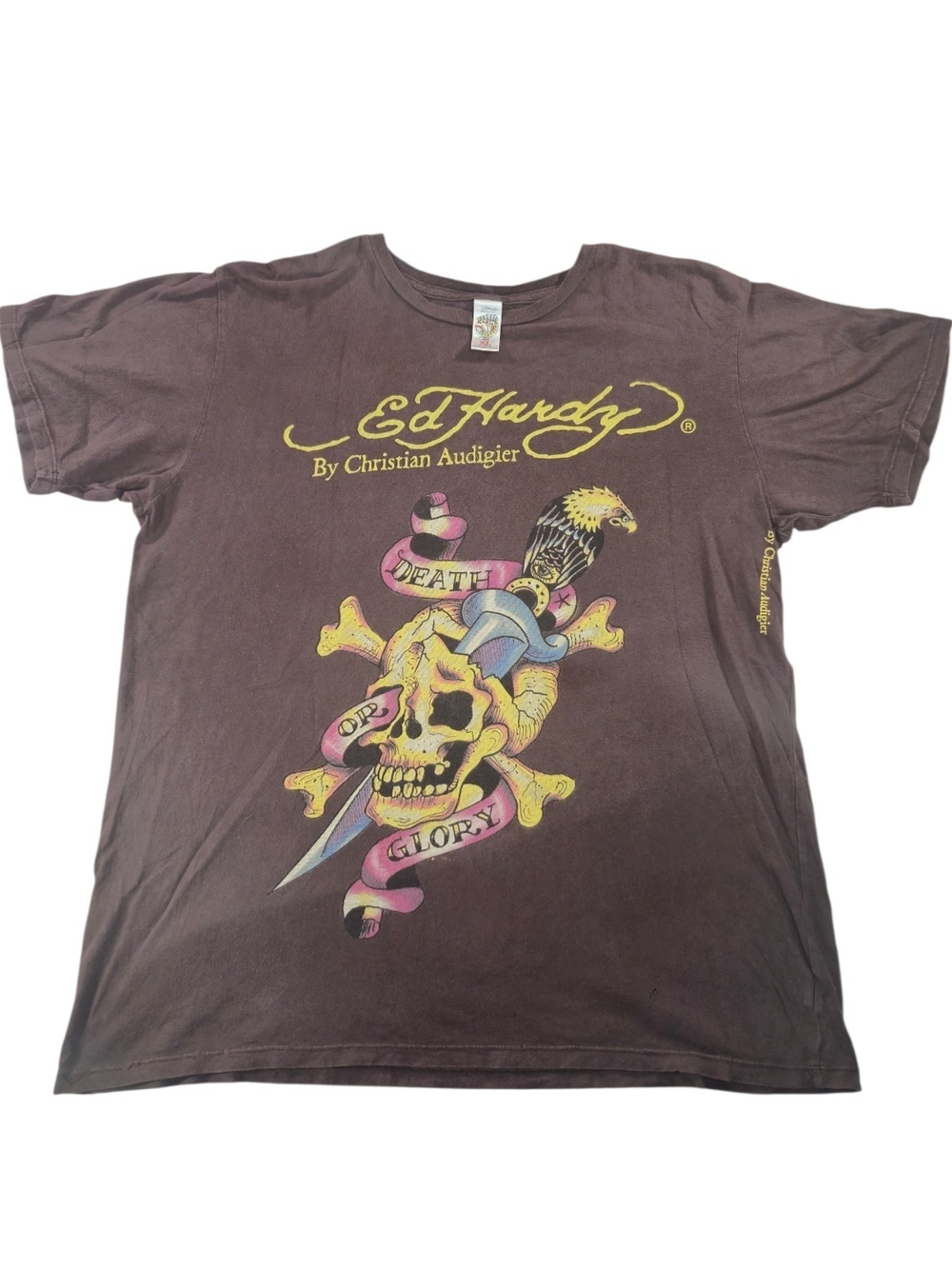 Vintage Ed Hardy by Christian Audigier XL Brown Death or Glory Skull T-Shirt USA